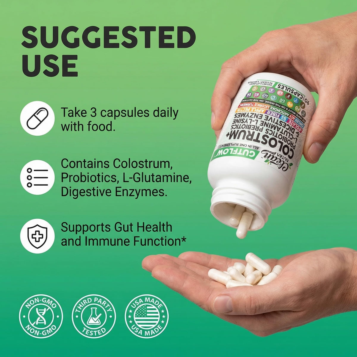 Clean Nutraceuticals Colostrum Supplement Capsules Probiotics Pills Prebiotics, L-Glutamine, Digestive Enzymes, Folate, Fiber, ACV, Turmeric, Apple Pectin and Turmeric Pills - FENGGESTORE20