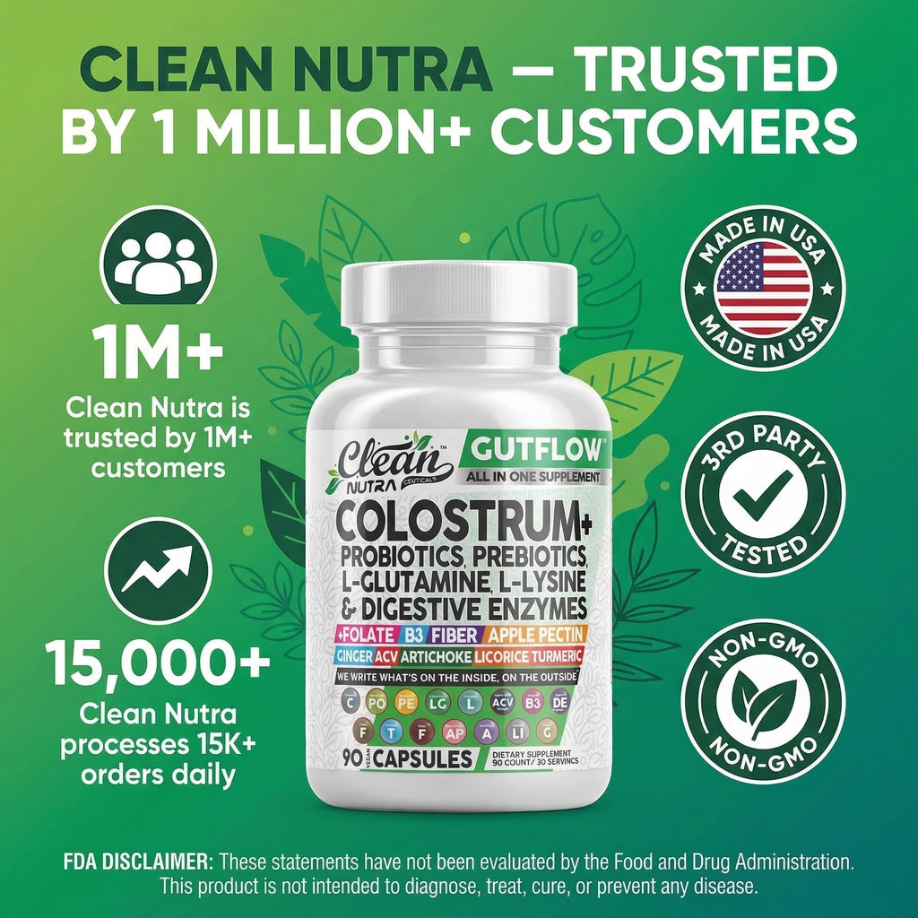 Clean Nutraceuticals Colostrum Supplement Capsules Probiotics Pills Prebiotics, L-Glutamine, Digestive Enzymes, Folate, Fiber, ACV, Turmeric, Apple Pectin and Turmeric Pills - FENGGESTORE20