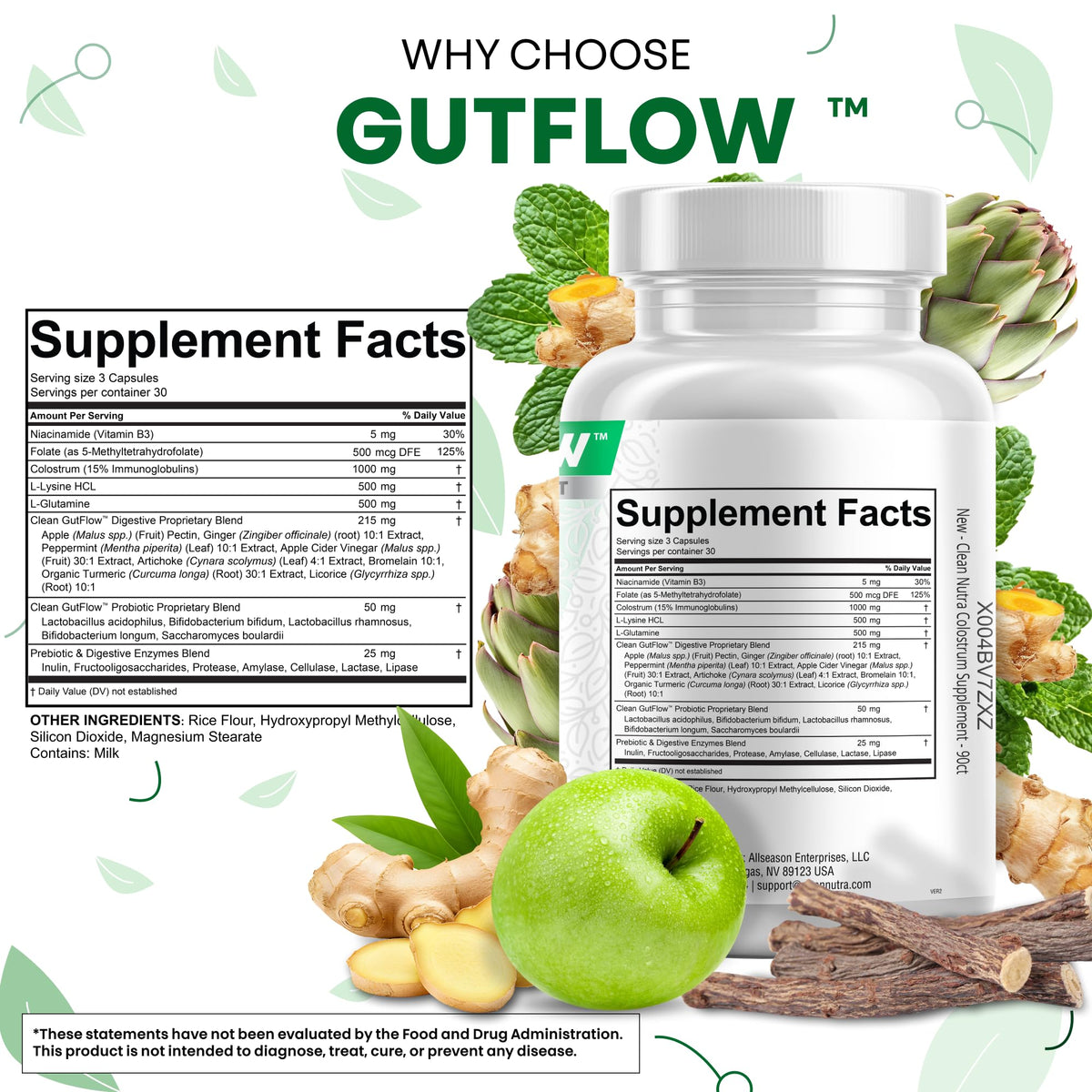 Clean Nutraceuticals Colostrum Supplement Capsules Probiotics Pills Prebiotics, L-Glutamine, Digestive Enzymes, Folate, Fiber, ACV, Turmeric, Apple Pectin and Turmeric Pills - FENGGESTORE20