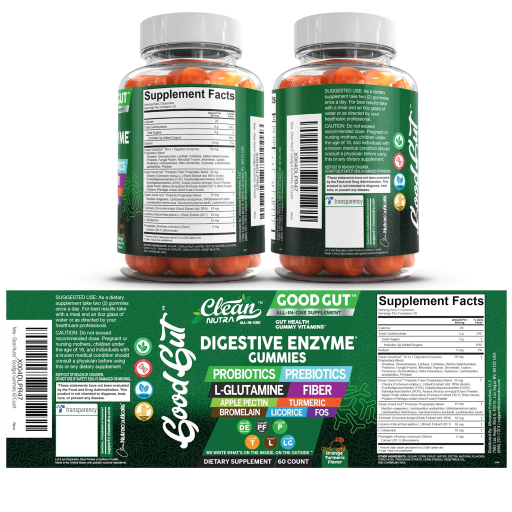 Clean Nutraceuticals Digestive Enzymes with Probiotics & Prebiotics for Digestive Health Gummies & L-Glutamine for Gut Health Bromelain Apple Pectin Inulin FOS Plant - FENGGESTORE20