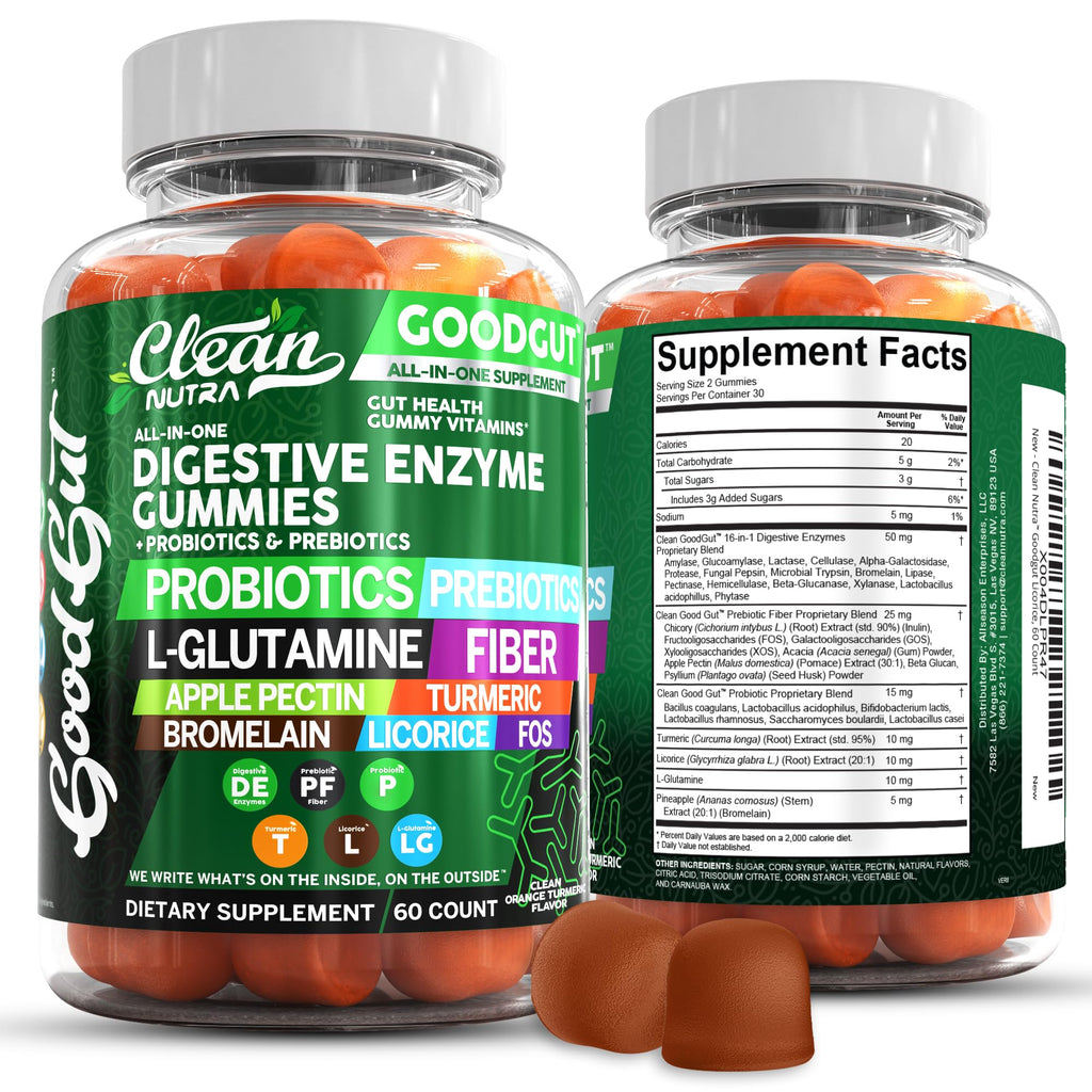 Clean Nutraceuticals Digestive Enzymes with Probiotics & Prebiotics for Digestive Health Gummies & L-Glutamine for Gut Health Bromelain Apple Pectin Inulin FOS Plant - FENGGESTORE20
