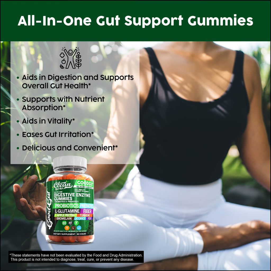 Clean Nutraceuticals Digestive Enzymes with Probiotics & Prebiotics for Digestive Health Gummies & L-Glutamine for Gut Health Bromelain Apple Pectin Inulin FOS Plant - FENGGESTORE20