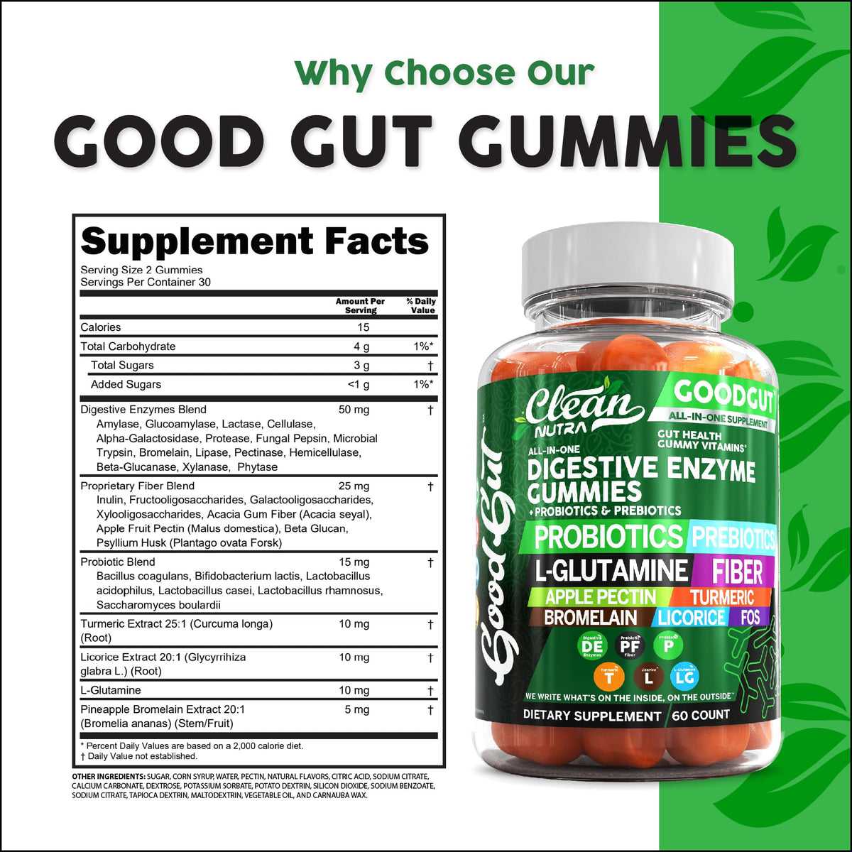 Clean Nutraceuticals Digestive Enzymes with Probiotics & Prebiotics for Digestive Health Gummies & L-Glutamine for Gut Health Bromelain Apple Pectin Inulin FOS Plant - FENGGESTORE20