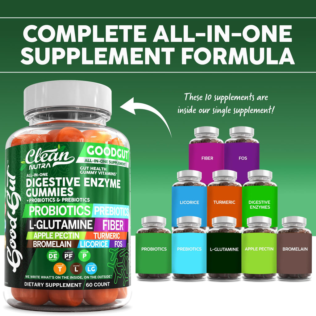 Clean Nutraceuticals Digestive Enzymes with Probiotics & Prebiotics for Digestive Health Gummies & L-Glutamine for Gut Health Bromelain Apple Pectin Inulin FOS Plant - FENGGESTORE20