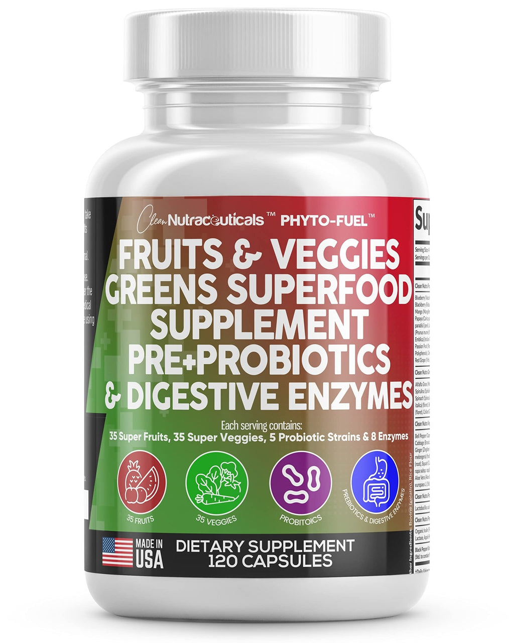 Clean Nutraceuticals Fruits and Veggies Supplement Reds & Green Superfood - Balance of Over 70 Fruit & Vegetable Supplements Capsules with Probiotics Prebiotics - FENGGESTORE20