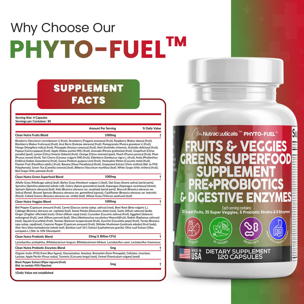 Clean Nutraceuticals Fruits and Veggies Supplement Reds & Green Superfood - Balance of Over 70 Fruit & Vegetable Supplements Capsules with Probiotics Prebiotics - FENGGESTORE20