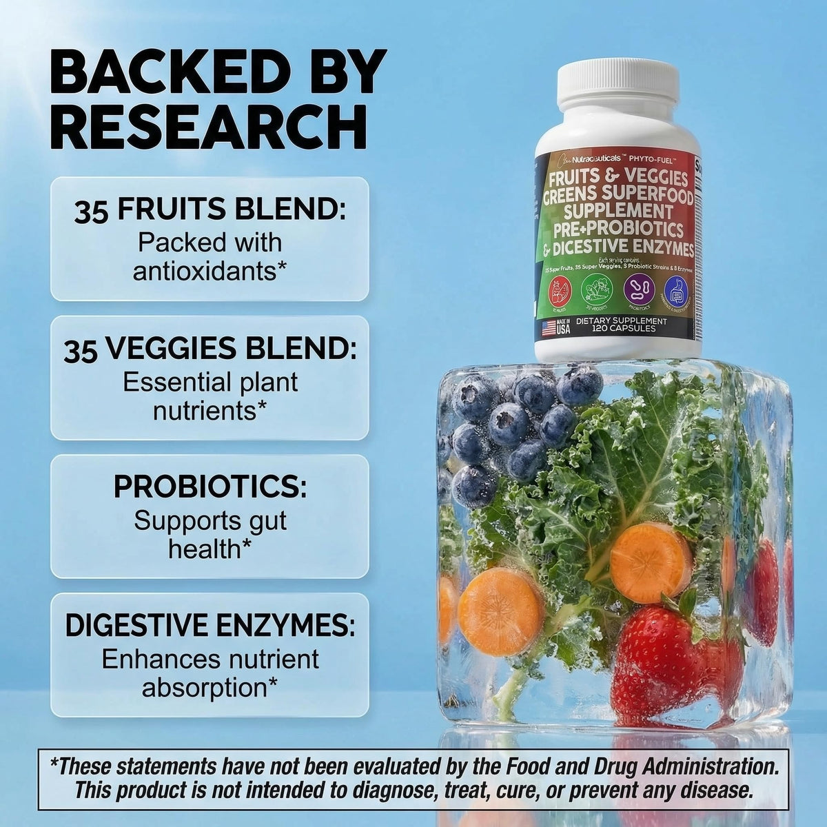 Clean Nutraceuticals Fruits and Veggies Supplement Reds & Green Superfood - Balance of Over 70 Fruit & Vegetable Supplements Capsules with Probiotics Prebiotics - FENGGESTORE20