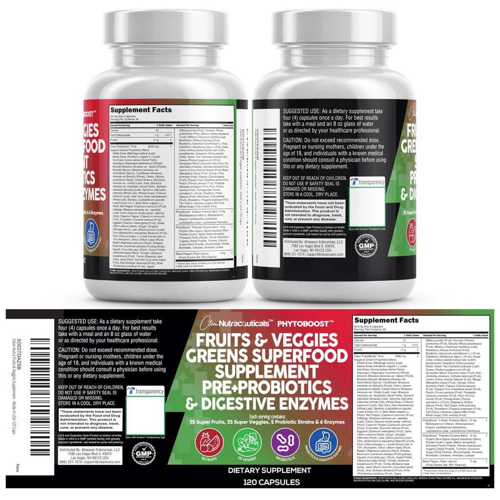 Clean Nutraceuticals Fruits and Veggies Supplement Reds & Green Superfood - Balance of Over 70 Fruit & Vegetable Supplements Capsules with Probiotics Prebiotics - FENGGESTORE20