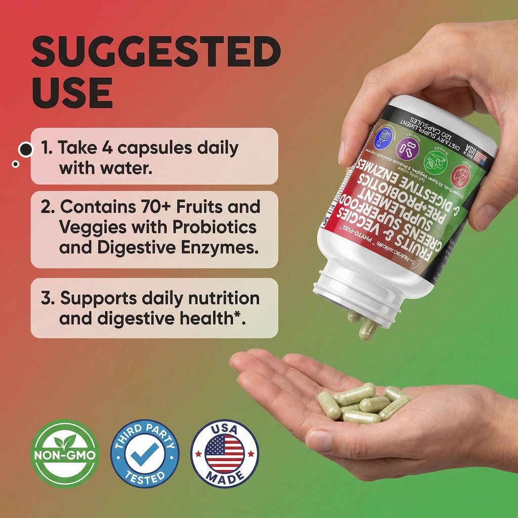 Clean Nutraceuticals Fruits and Veggies Supplement Reds & Green Superfood - Balance of Over 70 Fruit & Vegetable Supplements Capsules with Probiotics Prebiotics - FENGGESTORE20