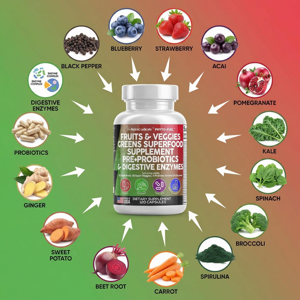 Clean Nutraceuticals Fruits and Veggies Supplement Reds & Green Superfood - Balance of Over 70 Fruit & Vegetable Supplements Capsules with Probiotics Prebiotics - FENGGESTORE20