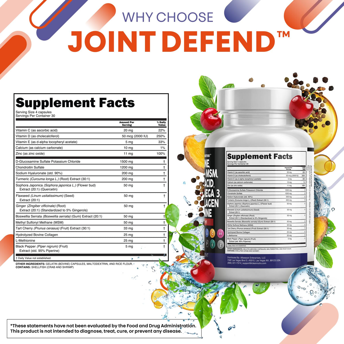 Clean Nutraceuticals Glucosamine 1500mg Chondroitin 1200mg MSM with Turmeric Curcumin, Collagen, Hyaluronic Acid, Omega 3 – Joint Health Supplement for Men & Women - FENGGESTORE20