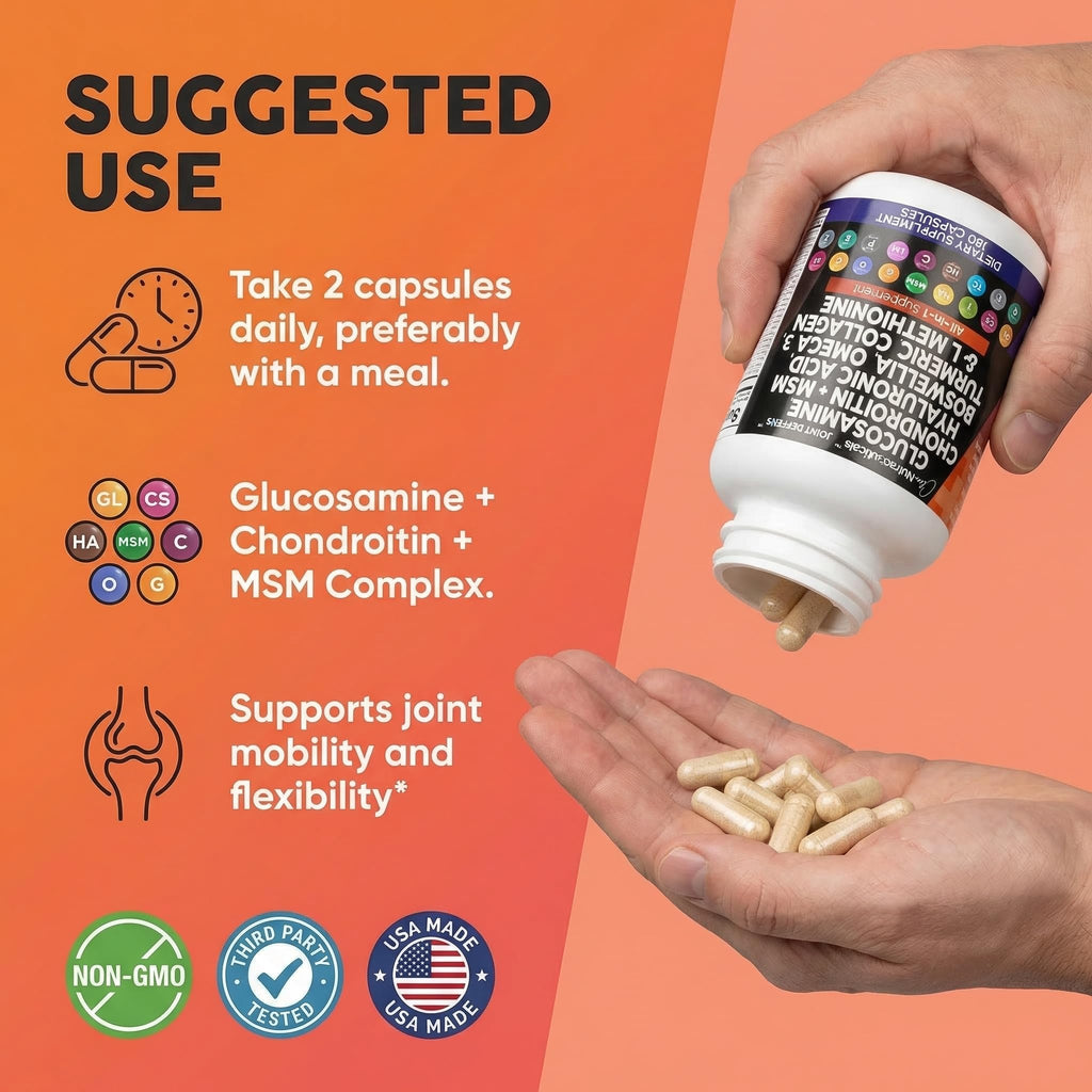 Clean Nutraceuticals Glucosamine 1500mg Chondroitin 1200mg MSM with Turmeric Curcumin, Collagen, Hyaluronic Acid, Omega 3 – Joint Health Supplement for Men & Women - FENGGESTORE20