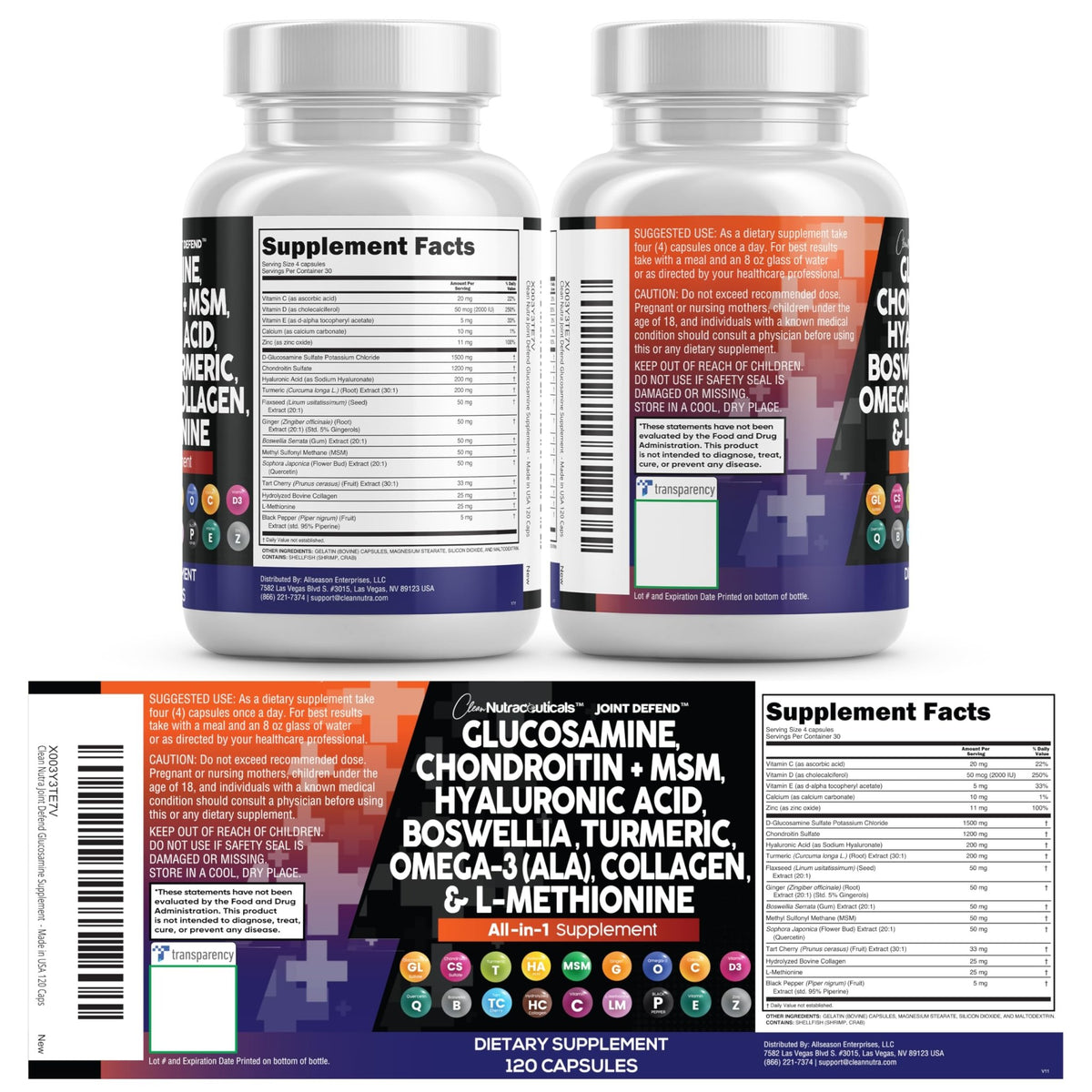 Clean Nutraceuticals Glucosamine 1500mg Chondroitin 1200mg MSM with Turmeric Curcumin, Collagen, Hyaluronic Acid, Omega 3 – Joint Health Supplement for Men & Women - FENGGESTORE20