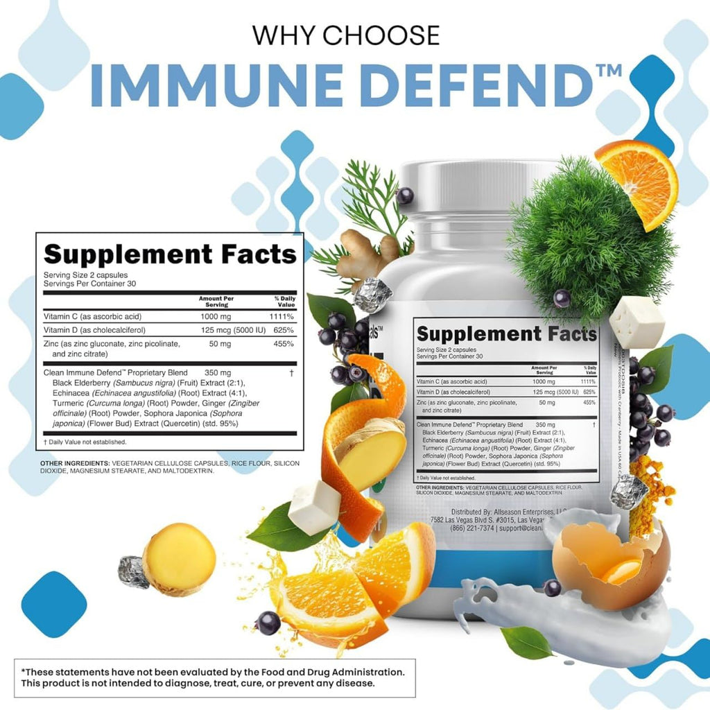 Clean Nutraceuticals Immune Defense Support Supplement 8 in 1 with Zinc 50mg Quercetin, VIT C 1000mg, Vitamin D3 5000 IU, Elderberry, Ginger - Immunity System Booster for Adults, Vegan - 60 Count - FENGGESTORE20