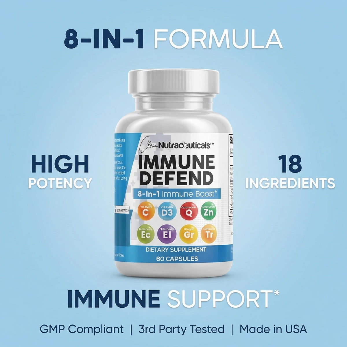 Clean Nutraceuticals Immune Defense Support Supplement 8 in 1 with Zinc 50mg Quercetin, VIT C 1000mg, Vitamin D3 5000 IU, Elderberry, Ginger - Immunity System Booster for Adults, Vegan - 60 Count - FENGGESTORE20