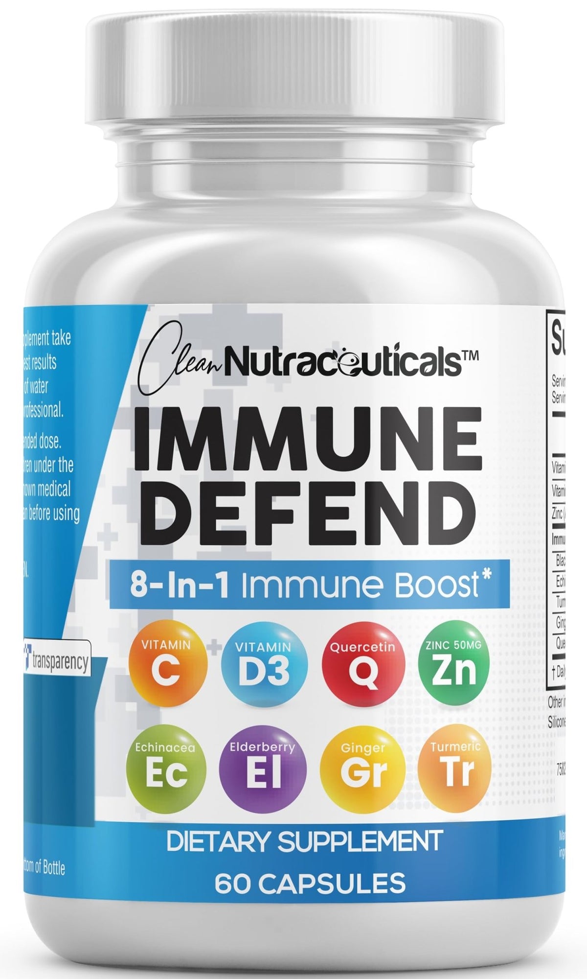 Clean Nutraceuticals Immune Defense Support Supplement 8 in 1 with Zinc 50mg Quercetin, VIT C 1000mg, Vitamin D3 5000 IU, Elderberry, Ginger - Immunity System Booster for Adults, Vegan - 60 Count - FENGGESTORE20