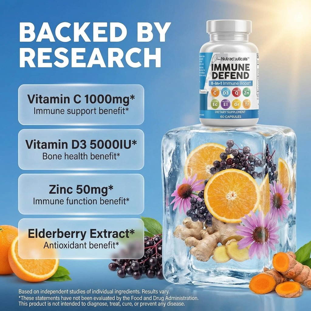 Clean Nutraceuticals Immune Defense Support Supplement 8 in 1 with Zinc 50mg Quercetin, VIT C 1000mg, Vitamin D3 5000 IU, Elderberry, Ginger - Immunity System Booster for Adults, Vegan - 60 Count - FENGGESTORE20