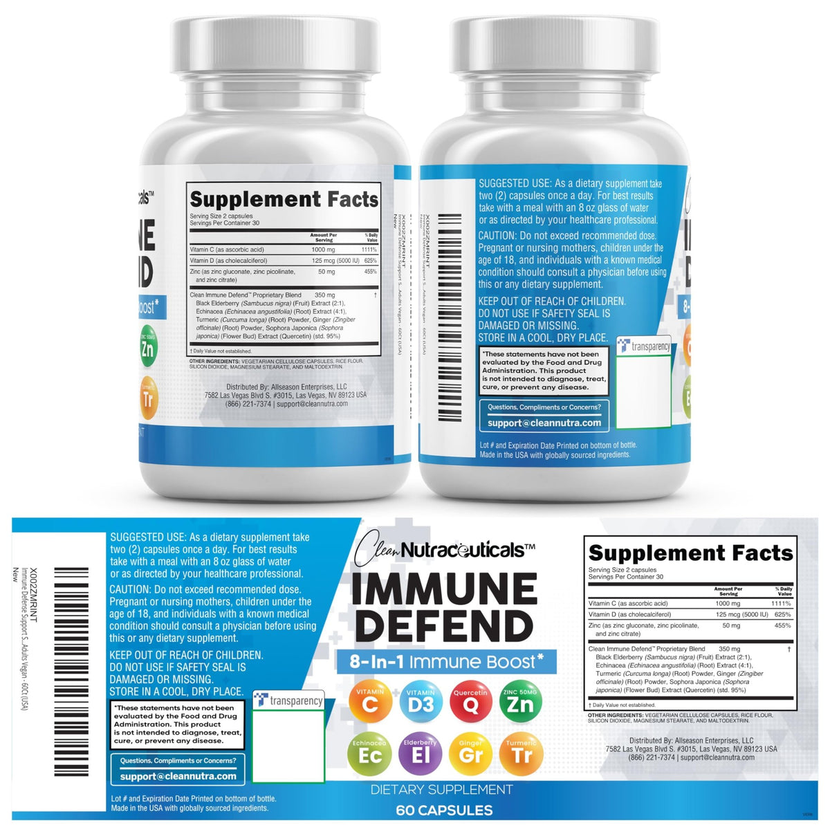 Clean Nutraceuticals Immune Defense Support Supplement 8 in 1 with Zinc 50mg Quercetin, VIT C 1000mg, Vitamin D3 5000 IU, Elderberry, Ginger - Immunity System Booster for Adults, Vegan - 60 Count - FENGGESTORE20