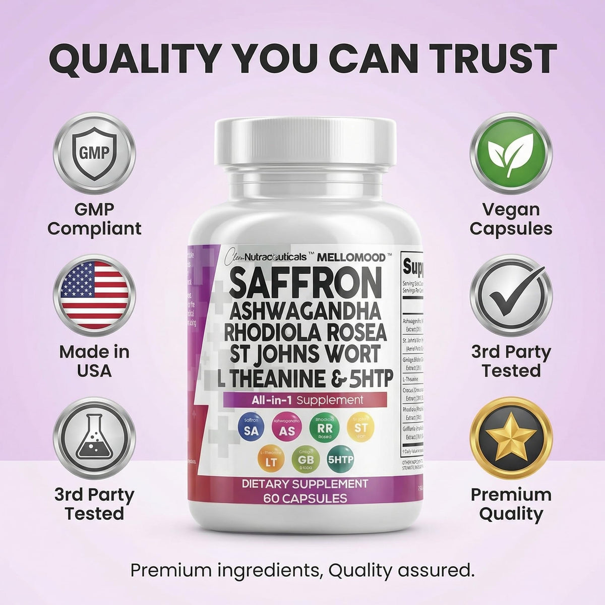 Clean Nutraceuticals Saffron Supplements Extract 100mg + Ashwagandha L-Theanine 200mg - Mood Support Ginkgo Biloba, St. John's Wort, Rhodiola Rosea & 5-HTP Capsules Pills Men Women - FENGGESTORE20