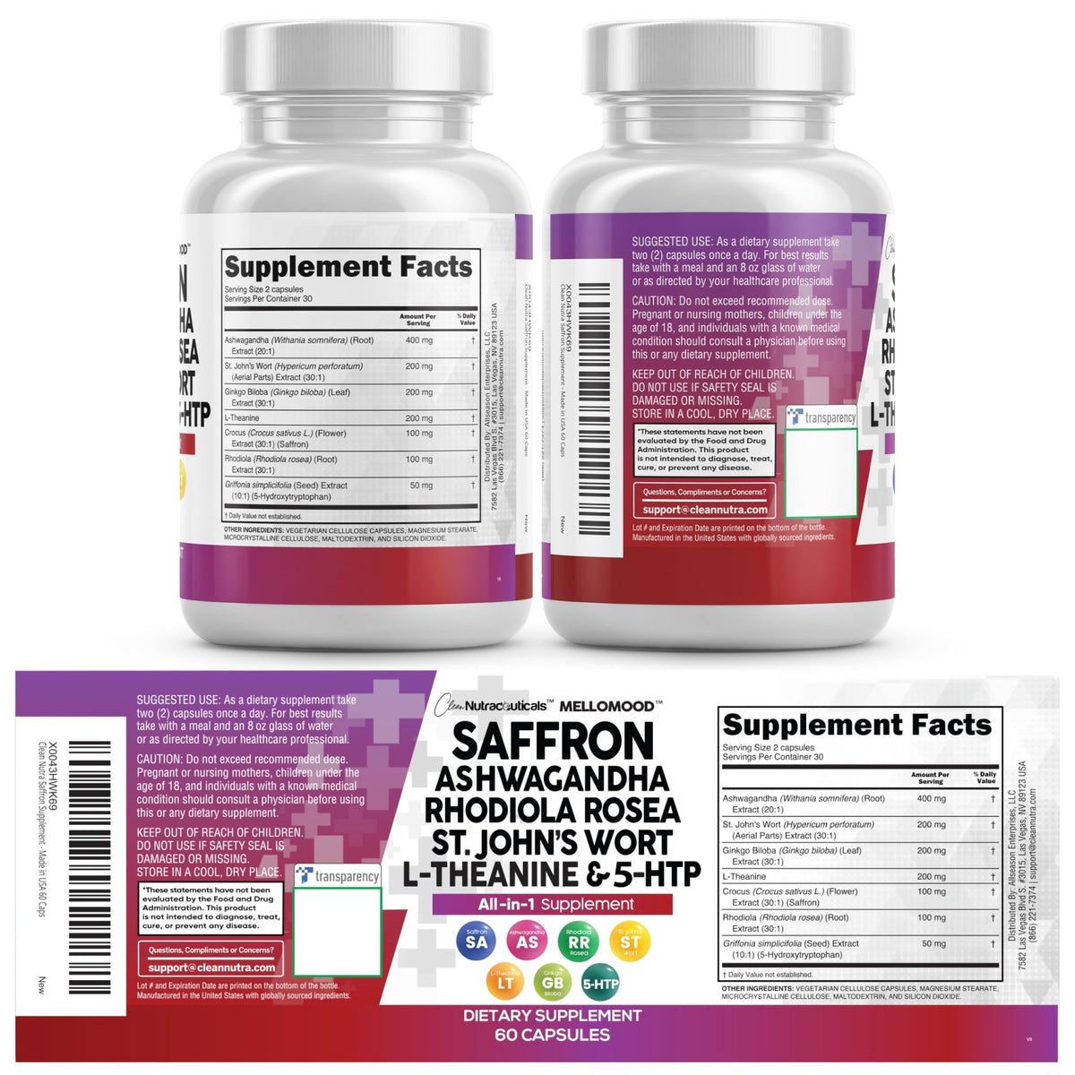 Clean Nutraceuticals Saffron Supplements Extract 100mg + Ashwagandha L-Theanine 200mg - Mood Support Ginkgo Biloba, St. John's Wort, Rhodiola Rosea & 5-HTP Capsules Pills Men Women - FENGGESTORE20