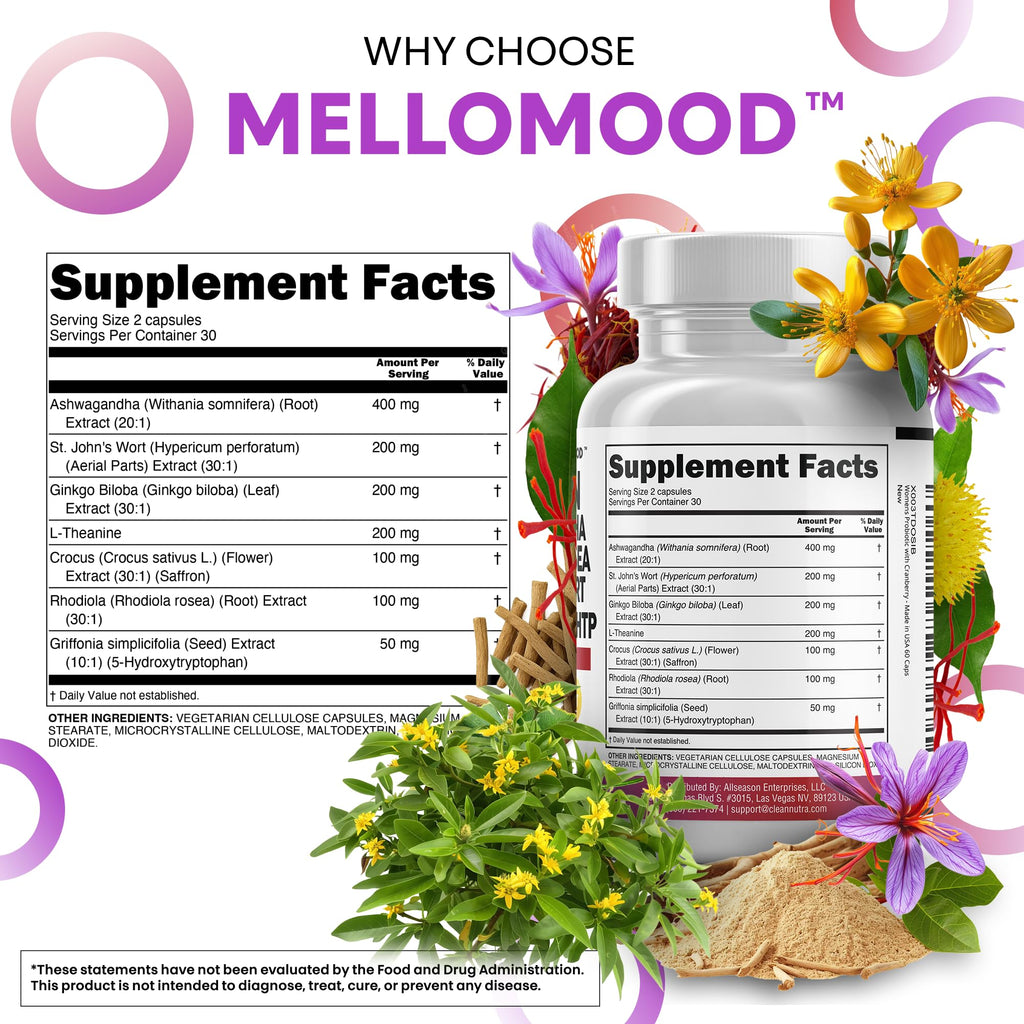 Clean Nutraceuticals Saffron Supplements Extract 100mg + Ashwagandha L-Theanine 200mg - Mood Support Ginkgo Biloba, St. John's Wort, Rhodiola Rosea & 5-HTP Capsules Pills Men Women - FENGGESTORE20