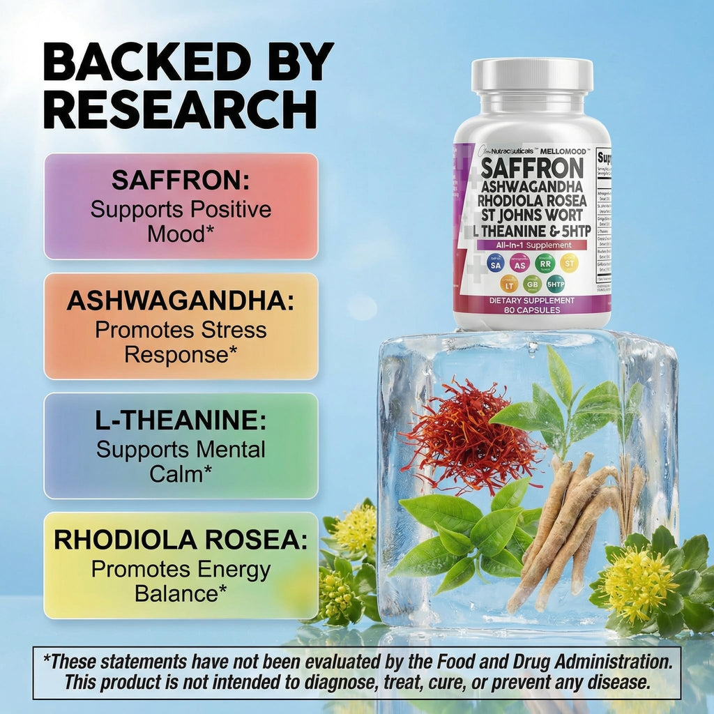 Clean Nutraceuticals Saffron Supplements Extract 100mg + Ashwagandha L-Theanine 200mg - Mood Support Ginkgo Biloba, St. John's Wort, Rhodiola Rosea & 5-HTP Capsules Pills Men Women - FENGGESTORE20
