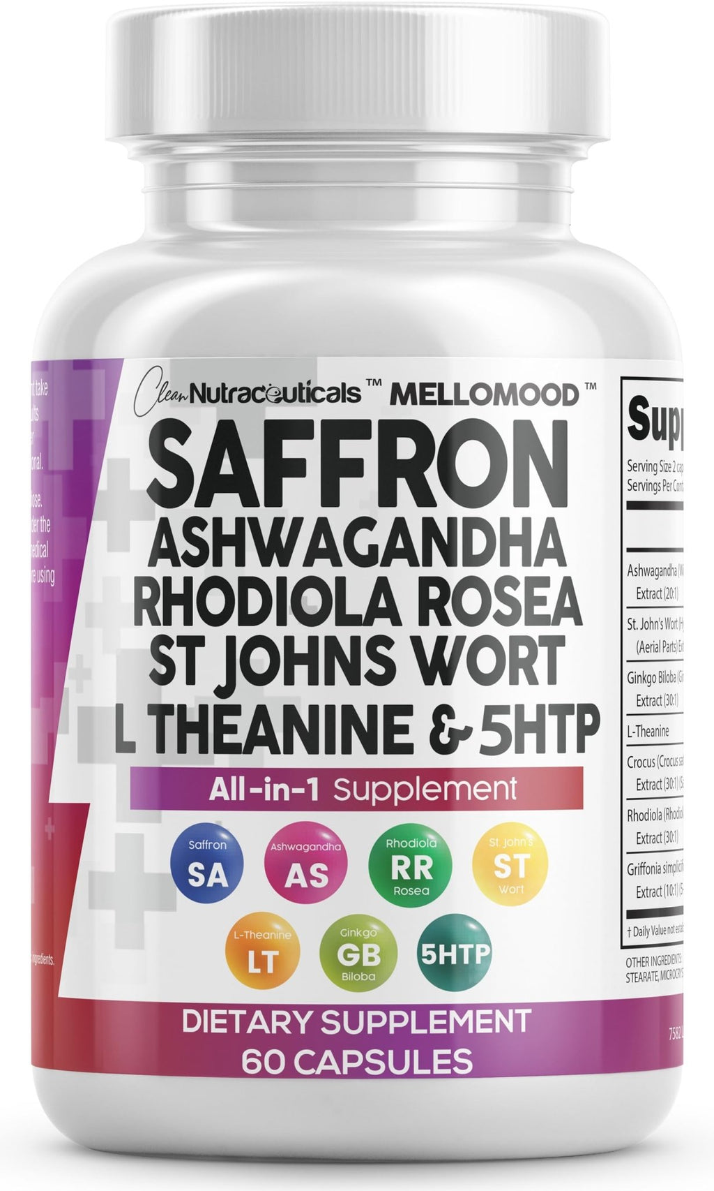 Clean Nutraceuticals Saffron Supplements Extract 100mg + Ashwagandha L-Theanine 200mg - Mood Support Ginkgo Biloba, St. John's Wort, Rhodiola Rosea & 5-HTP Capsules Pills Men Women - FENGGESTORE20