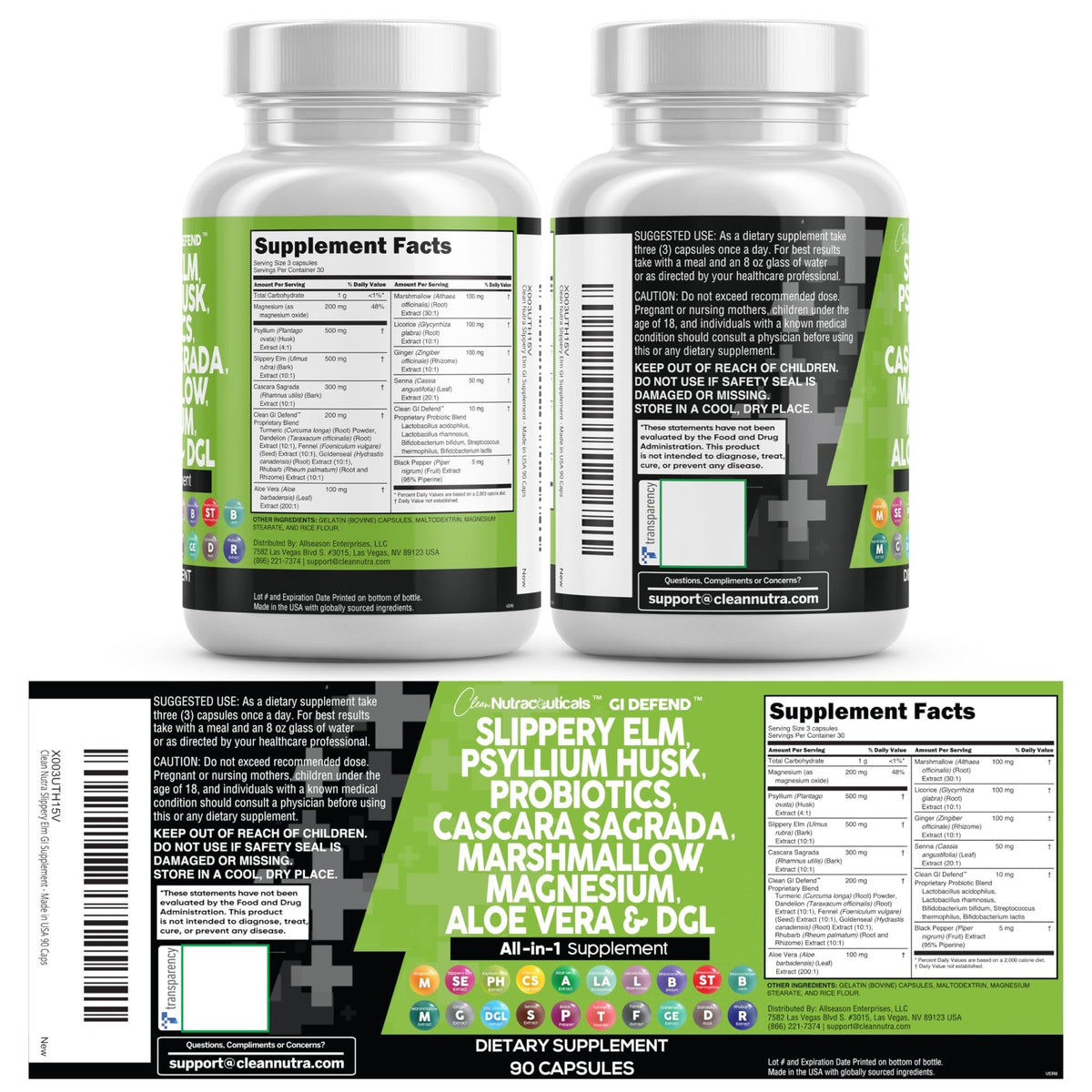 Clean Nutraceuticals Slippery Elm Psyllium Husk Pre Probiotic Digestive Gut Health Supplement with Aloe Vera Cascara Sagrada - FENGGESTORE20