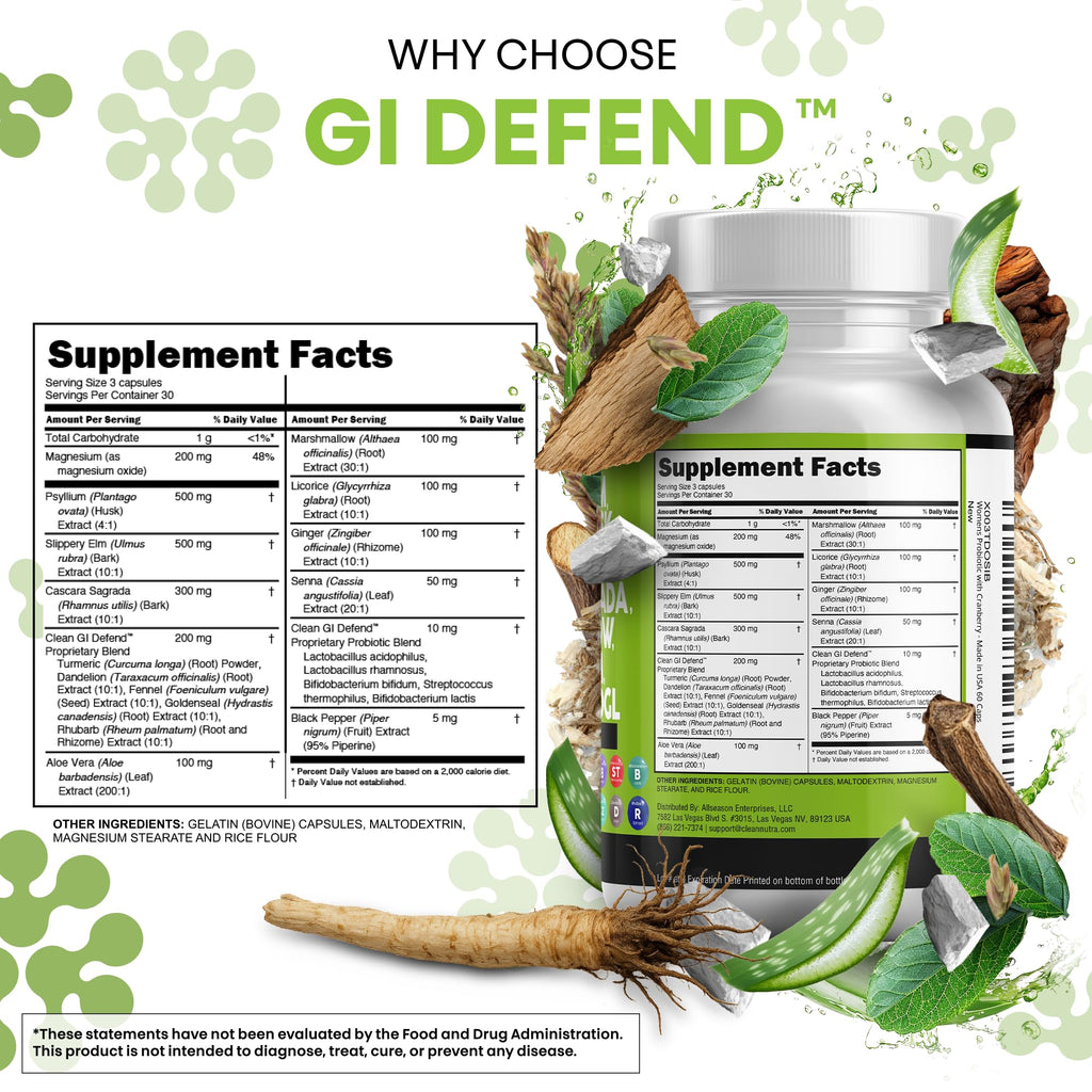 Clean Nutraceuticals Slippery Elm Psyllium Husk Pre Probiotic Digestive Gut Health Supplement with Aloe Vera Cascara Sagrada - FENGGESTORE20