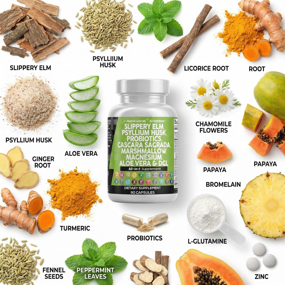 Clean Nutraceuticals Slippery Elm Psyllium Husk Pre Probiotic Digestive Gut Health Supplement with Aloe Vera Cascara Sagrada - FENGGESTORE20