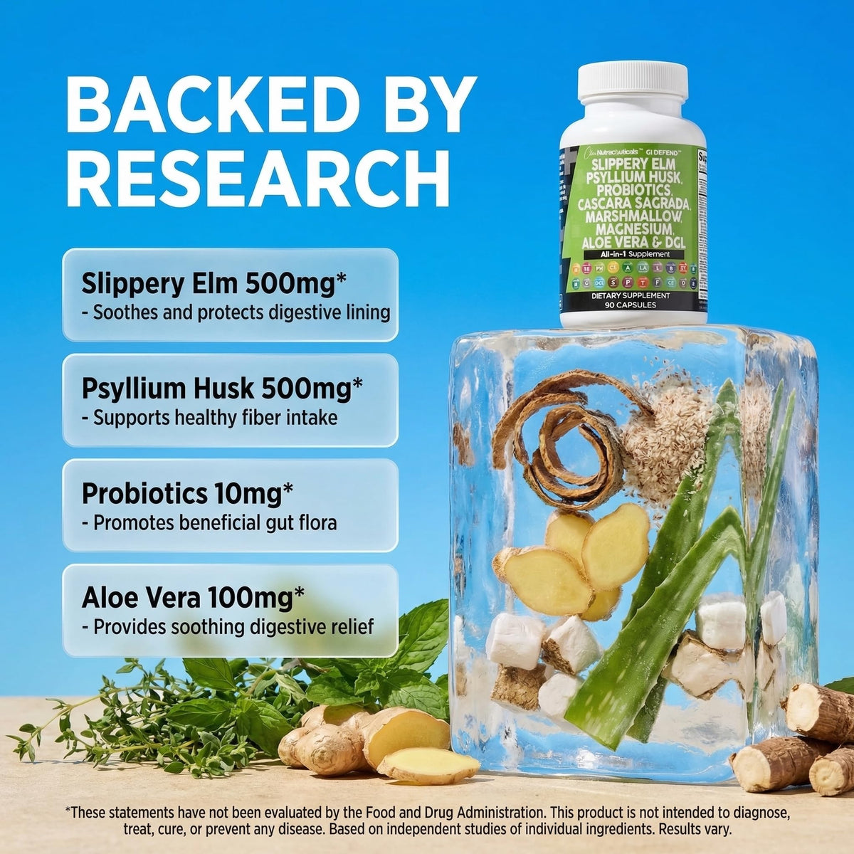 Clean Nutraceuticals Slippery Elm Psyllium Husk Pre Probiotic Digestive Gut Health Supplement with Aloe Vera Cascara Sagrada - FENGGESTORE20
