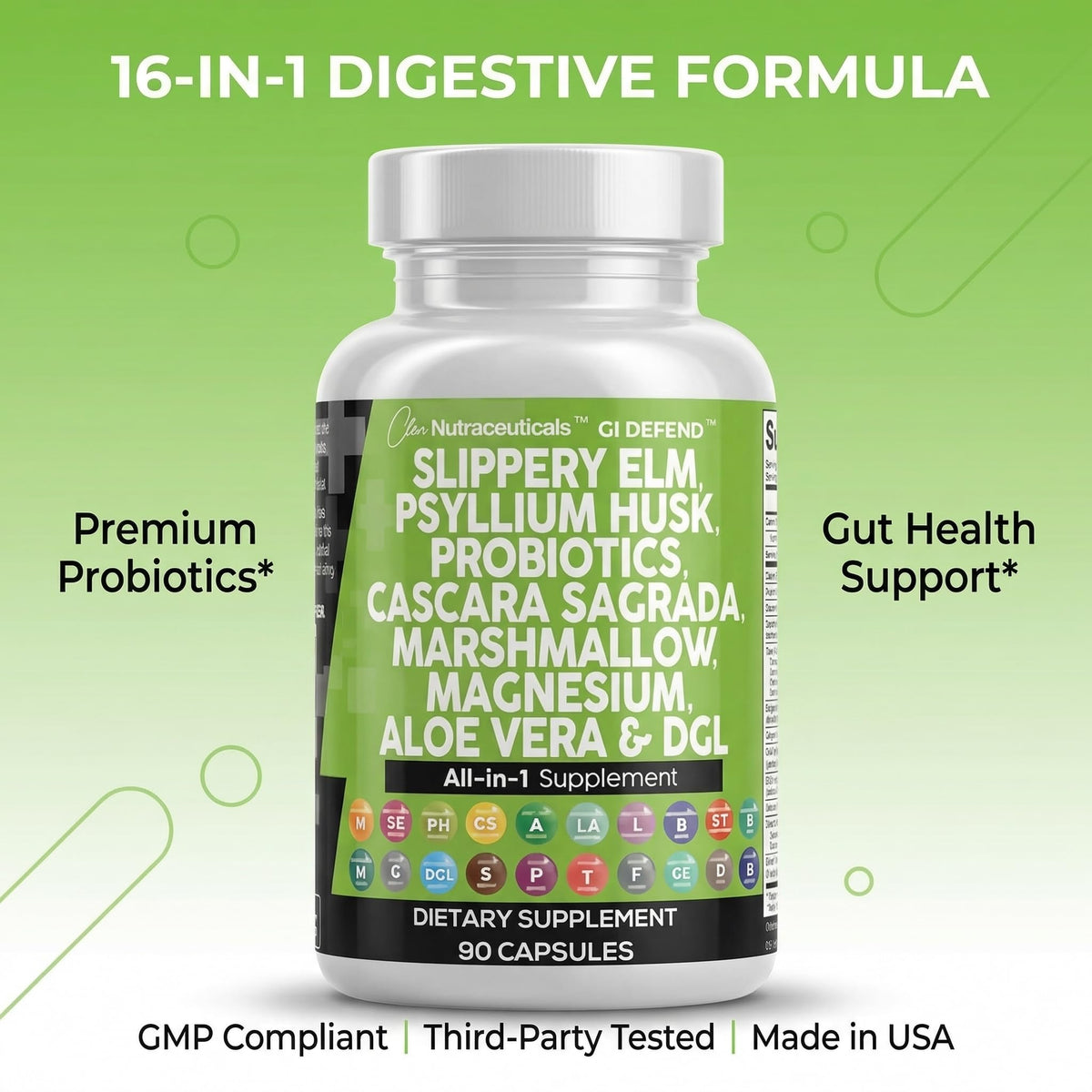 Clean Nutraceuticals Slippery Elm Psyllium Husk Pre Probiotic Digestive Gut Health Supplement with Aloe Vera Cascara Sagrada - FENGGESTORE20