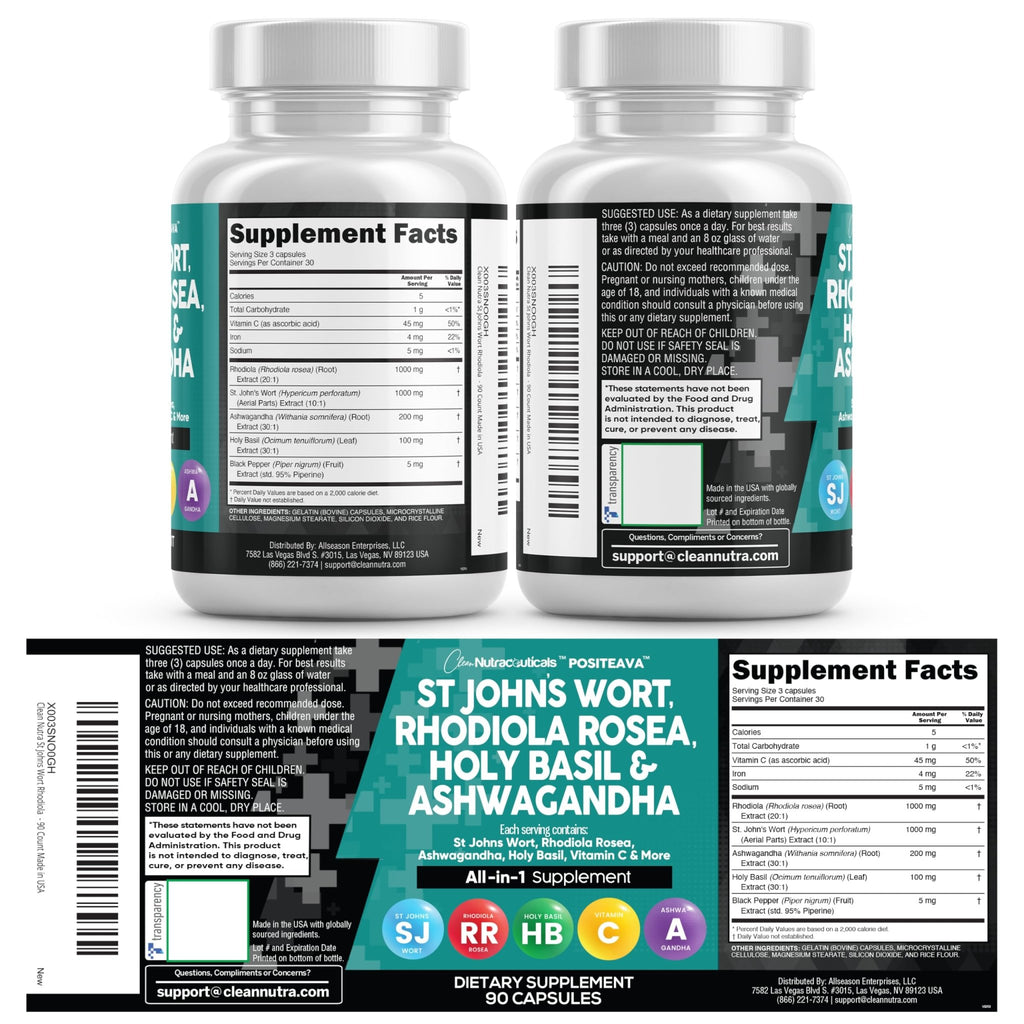 Clean Nutraceuticals St Johns Wort Rhodiola Rosea Holy Basil Ashwagandha - Mood Support for Women and Men with Vitamin C & Black Pepper Extract - 90 Caps - FENGGESTORE20