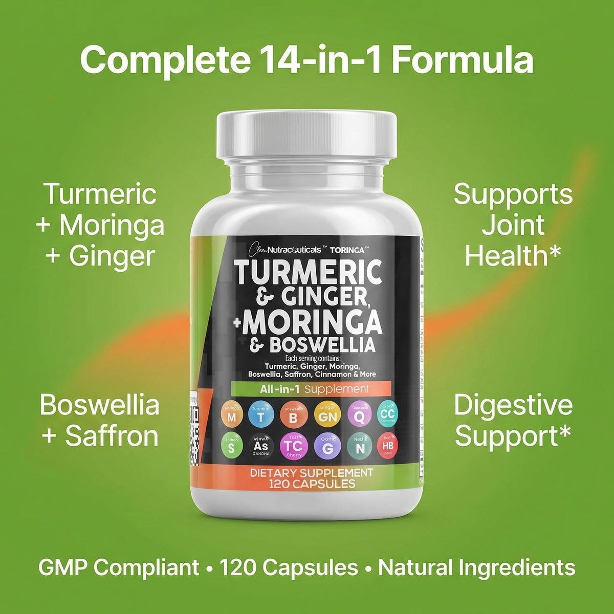 Clean Nutraceuticals Turmeric Moringa Supplement | Ginger Boswellia Saffron - Supplement for Women and Men with Ceylon Cinnamon - FENGGESTORE20