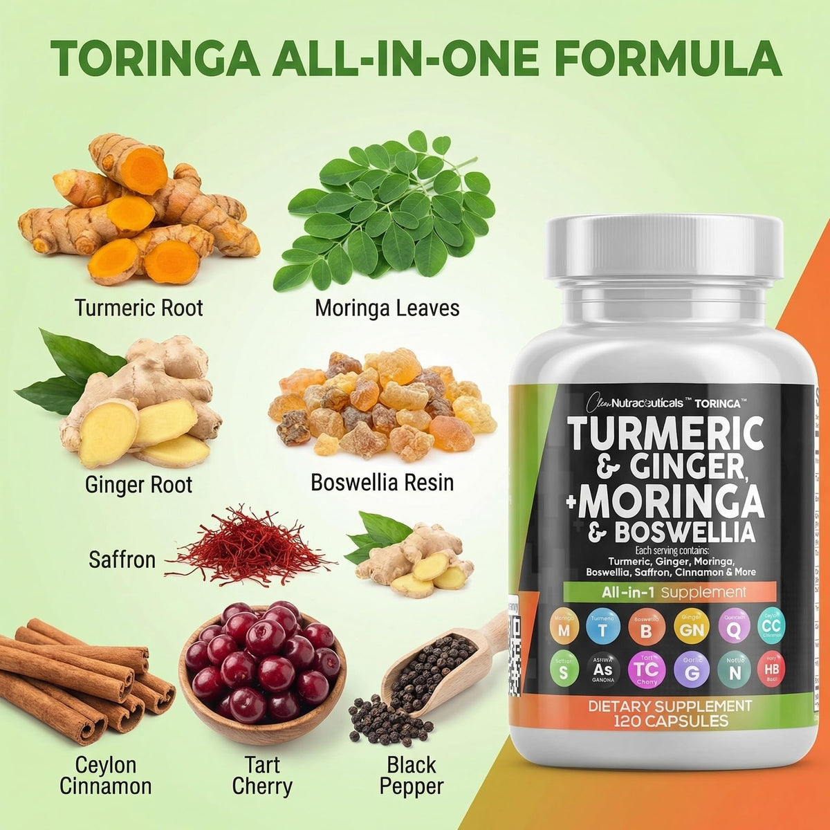 Clean Nutraceuticals Turmeric Moringa Supplement | Ginger Boswellia Saffron - Supplement for Women and Men with Ceylon Cinnamon - FENGGESTORE20