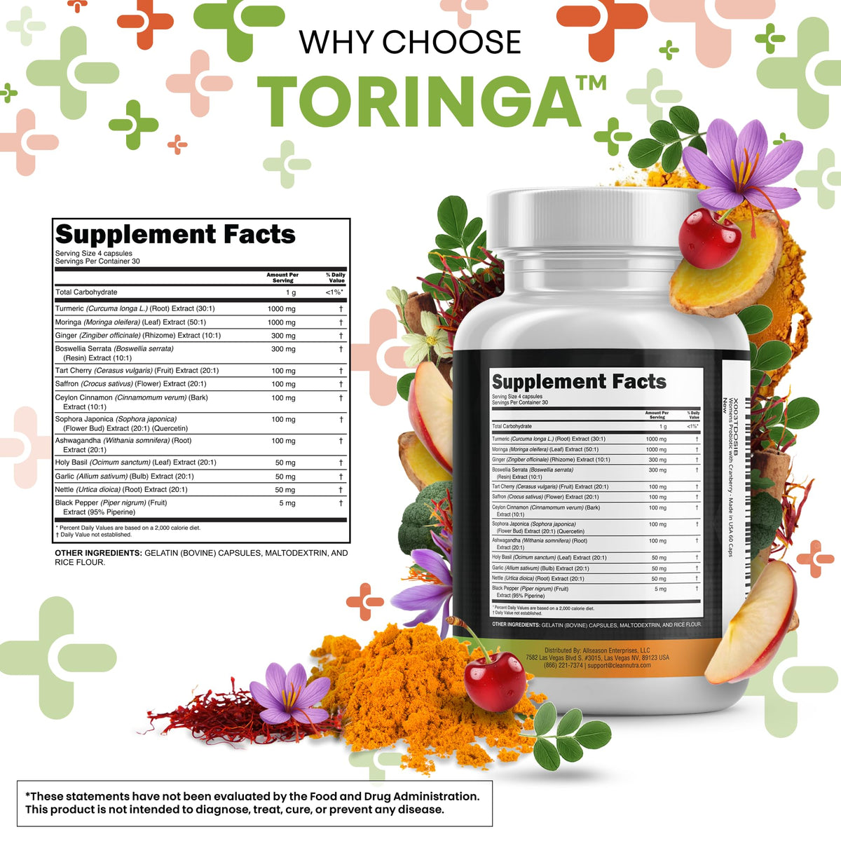 Clean Nutraceuticals Turmeric Moringa Supplement | Ginger Boswellia Saffron - Supplement for Women and Men with Ceylon Cinnamon - FENGGESTORE20