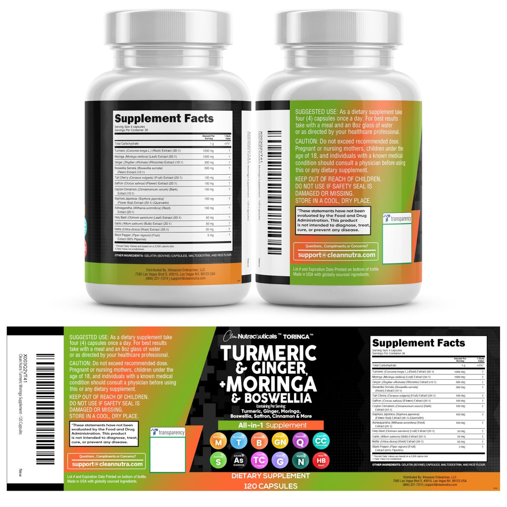 Clean Nutraceuticals Turmeric Moringa Supplement | Ginger Boswellia Saffron - Supplement for Women and Men with Ceylon Cinnamon - FENGGESTORE20
