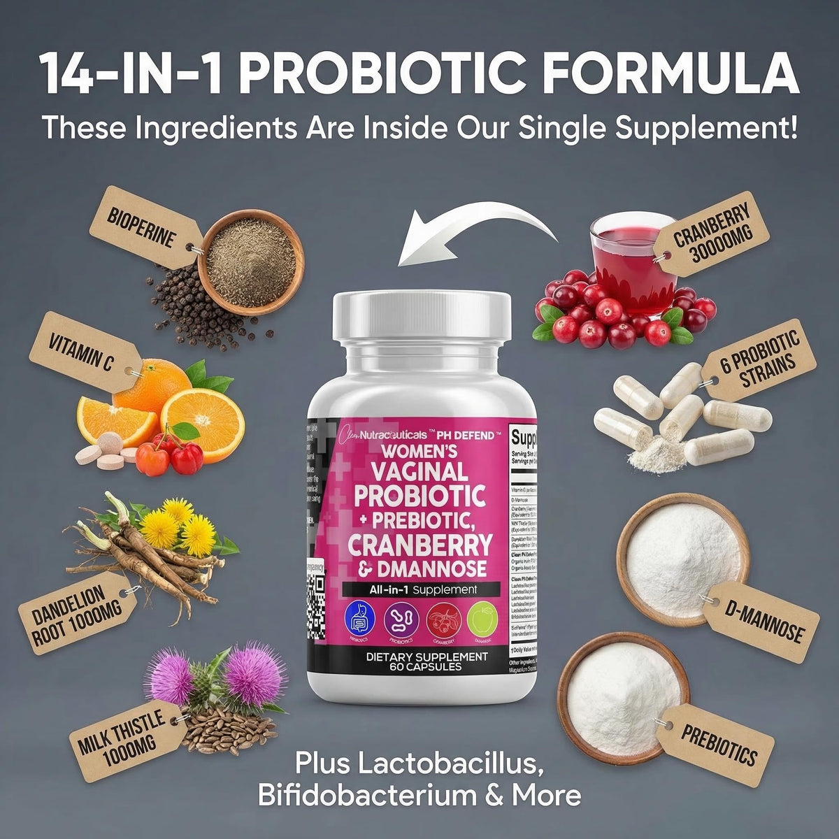 Clean Nutraceuticals Vaginal Probiotics for Women with Cranberry, D-Mannose, Prebiotics, pH Balance Support, Feminine Health, Urinary Tract Cleanse - FENGGESTORE20