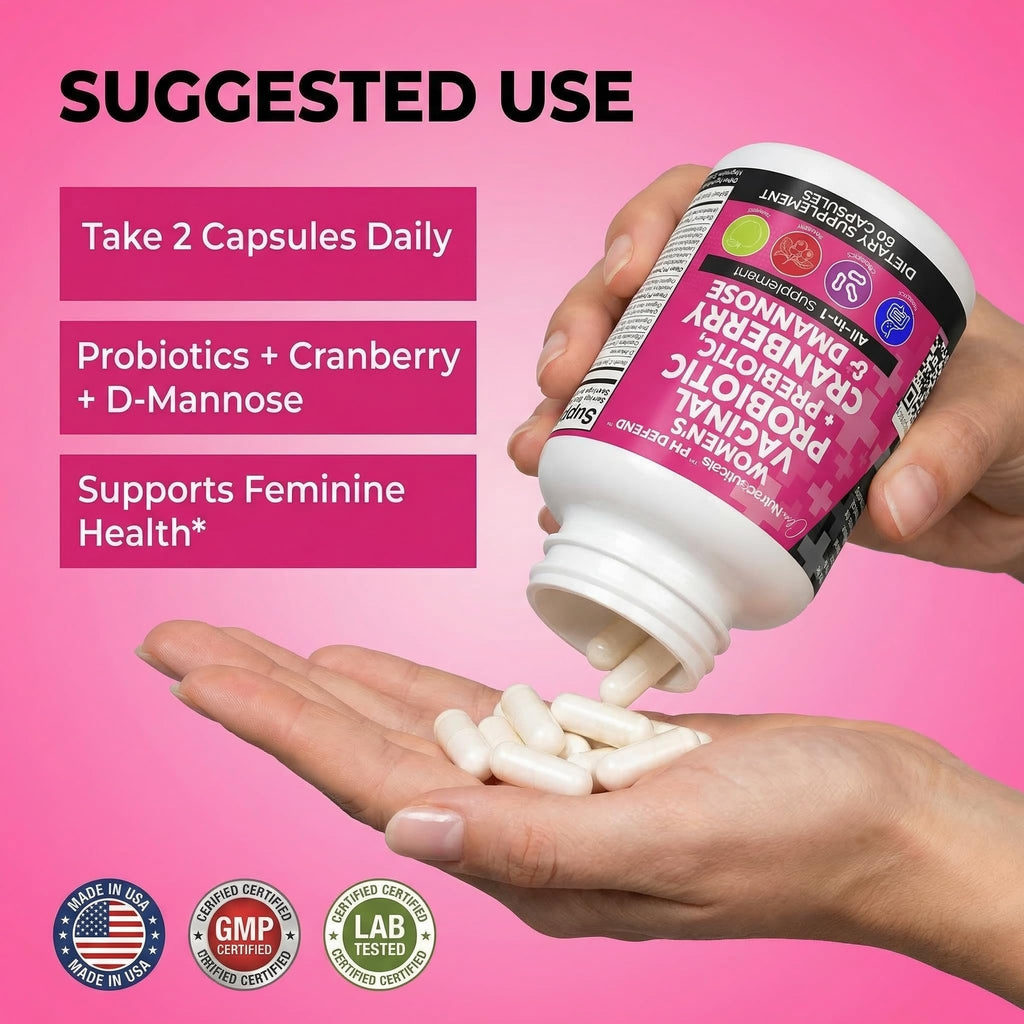 Clean Nutraceuticals Vaginal Probiotics for Women with Cranberry, D-Mannose, Prebiotics, pH Balance Support, Feminine Health, Urinary Tract Cleanse - FENGGESTORE20