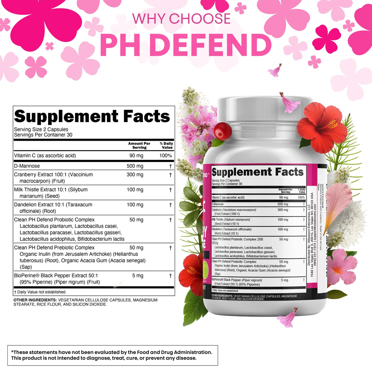 Clean Nutraceuticals Vaginal Probiotics for Women with Cranberry, D-Mannose, Prebiotics, pH Balance Support, Feminine Health, Urinary Tract Cleanse - FENGGESTORE20