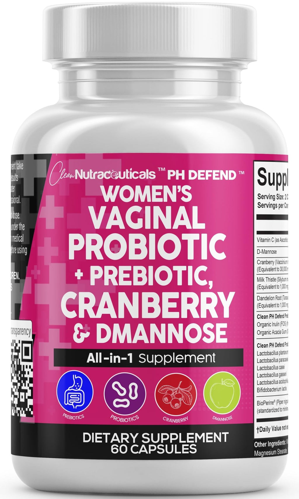 Clean Nutraceuticals Vaginal Probiotics for Women with Cranberry, D-Mannose, Prebiotics, pH Balance Support, Feminine Health, Urinary Tract Cleanse - FENGGESTORE20