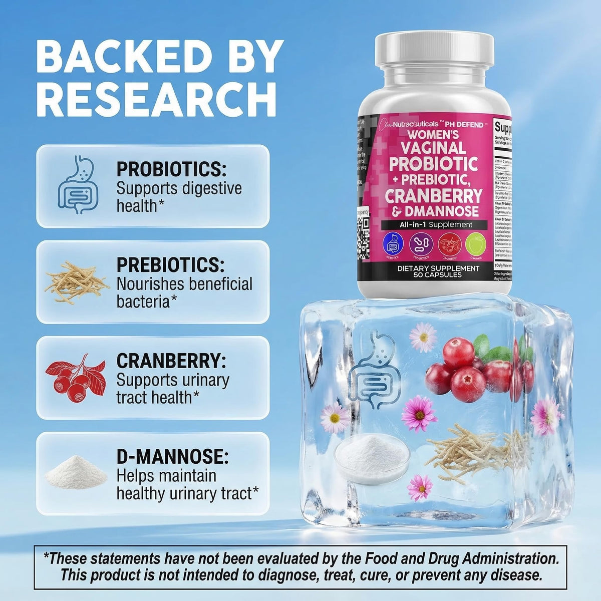 Clean Nutraceuticals Vaginal Probiotics for Women with Cranberry, D-Mannose, Prebiotics, pH Balance Support, Feminine Health, Urinary Tract Cleanse - FENGGESTORE20
