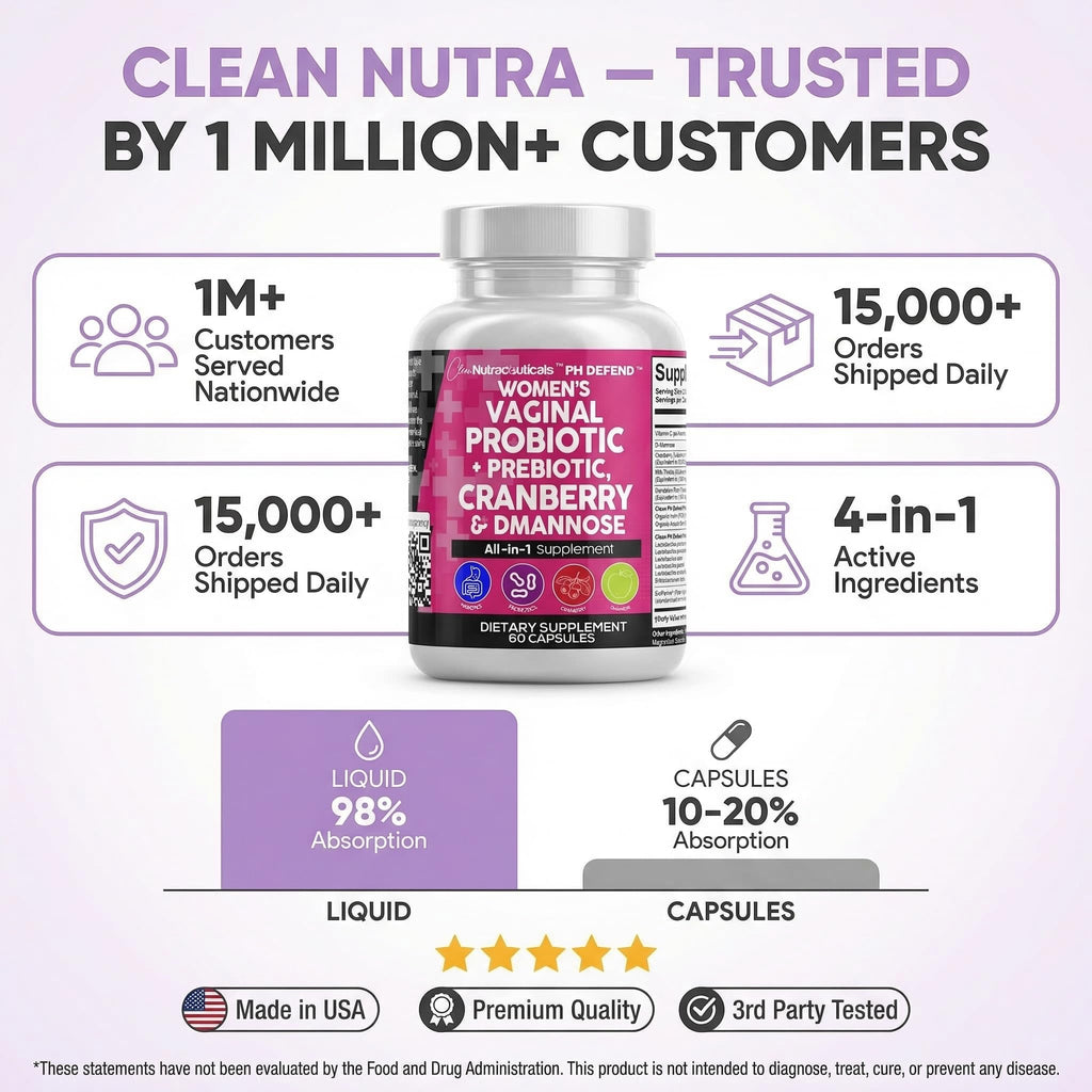 Clean Nutraceuticals Vaginal Probiotics for Women with Cranberry, D-Mannose, Prebiotics, pH Balance Support, Feminine Health, Urinary Tract Cleanse - FENGGESTORE20