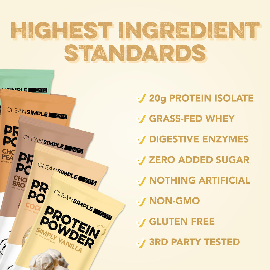 Clean Simple Eats Whey Protein Powder, Variety Pack, Naturally Sweetened Flavors, 100% Grass Fed Protein Powder with Digestive Enzymes & No Artificial Ingredients - FENGGESTORE20