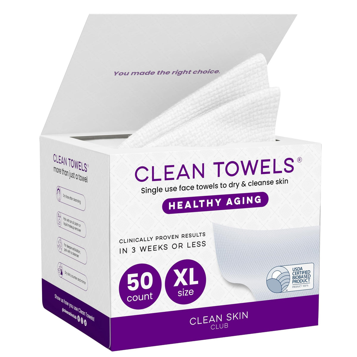 CLEAN SKIN CLUB Healthy Aging Clean Towels® XL, Smooths Fine Lines Wrinkles & Texture, Disposable Face Dry Wipes, XL - 1 Pack (50 count) - FENGGESTORE20