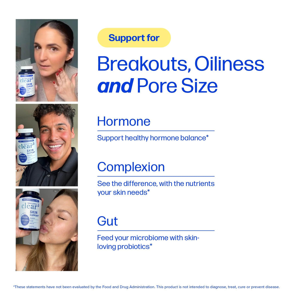 Clear Skin Supplement with Zinc, DIM & Probiotics | 3-in-1 Balance, Glow & Health Skin Support | Triple Action Hyaluronic Acid, Niaciminide & Vitamins for Hormone - FENGGESTORE20