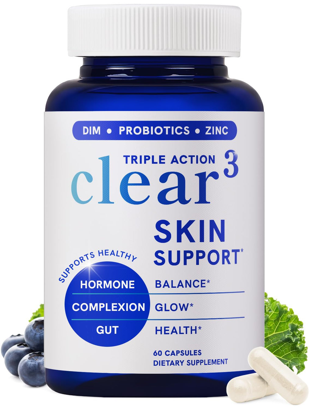 Clear Skin Supplement with Zinc, DIM & Probiotics | 3-in-1 Balance, Glow & Health Skin Support | Triple Action Hyaluronic Acid, Niaciminide & Vitamins for Hormone - FENGGESTORE20