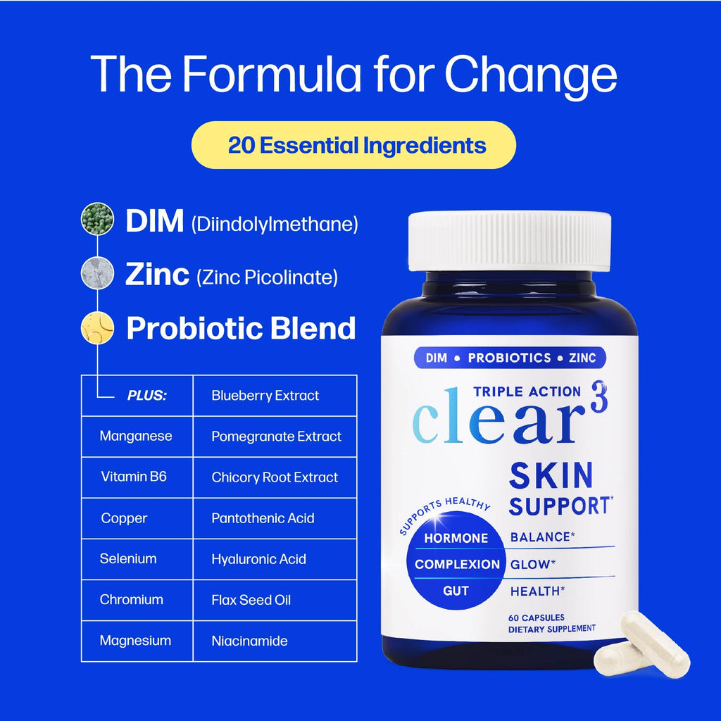 Clear Skin Supplement with Zinc, DIM & Probiotics | 3-in-1 Balance, Glow & Health Skin Support | Triple Action Hyaluronic Acid, Niaciminide & Vitamins for Hormone - FENGGESTORE20