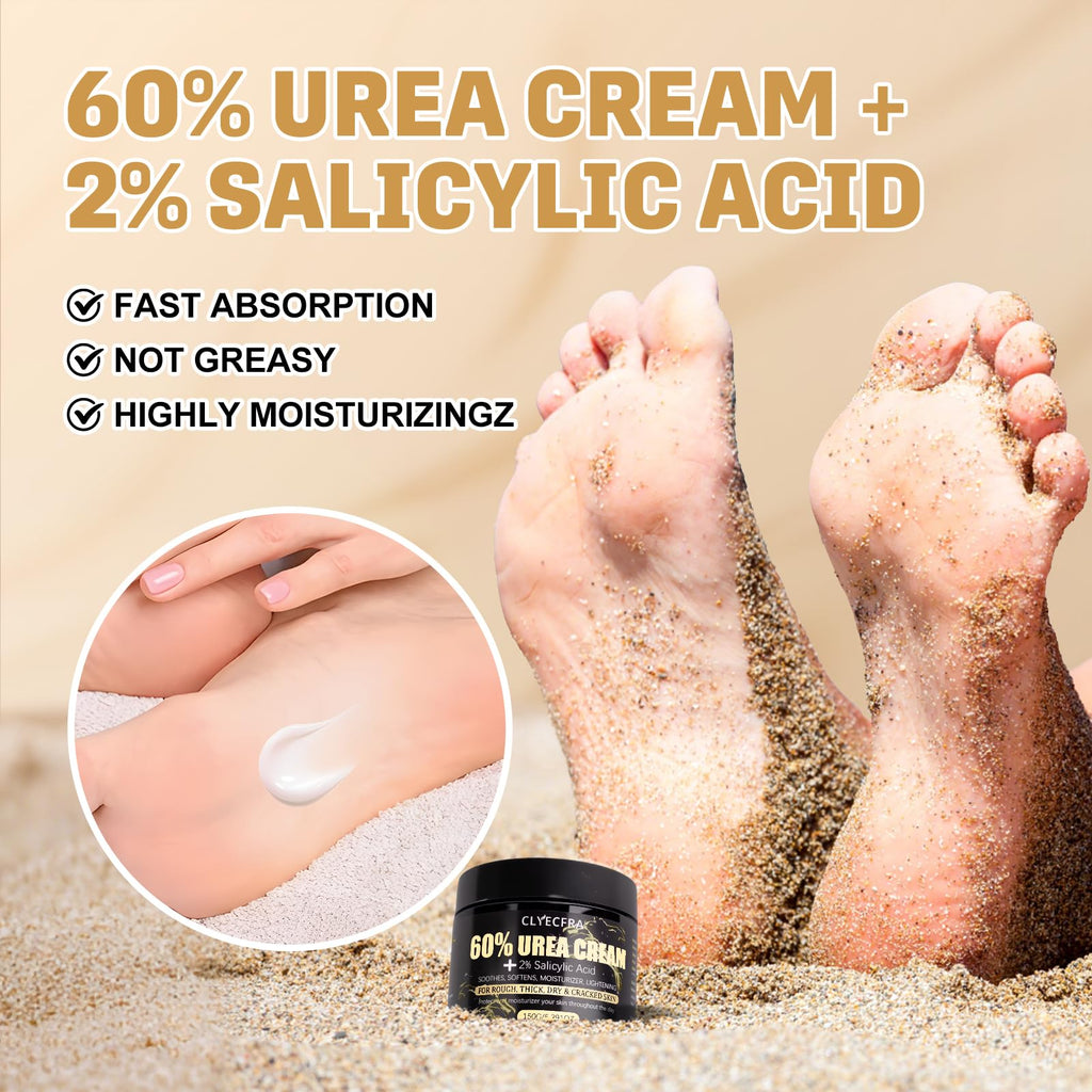 Clyecfra 60% Urea Cream with 2% Salicylic Acid, Urea Cream 60 Percent for Feet & Hands- Maximum Strength Moisturizer for Rough, Dry, Thick & Cracked Skin, Callus Remover, Deep Hydration, 150g - FENGGESTORE20