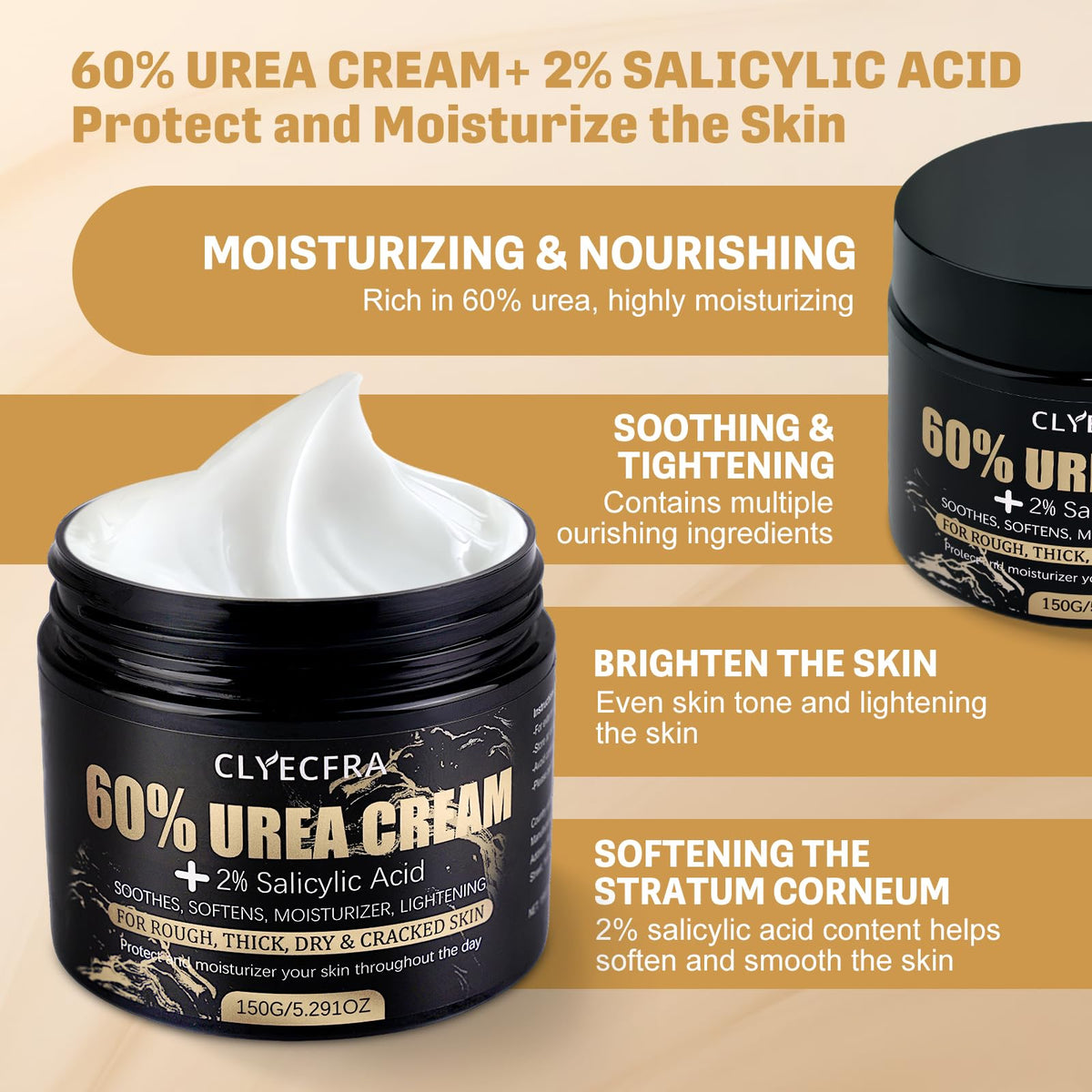 Clyecfra 60% Urea Cream with 2% Salicylic Acid, Urea Cream 60 Percent for Feet & Hands- Maximum Strength Moisturizer for Rough, Dry, Thick & Cracked Skin, Callus Remover, Deep Hydration, 150g - FENGGESTORE20